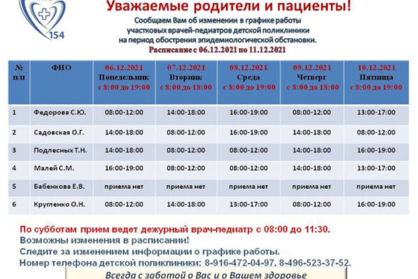 Изменения в расписании работы участковых врачей-педиатров детской поликлиники города Красноармейск